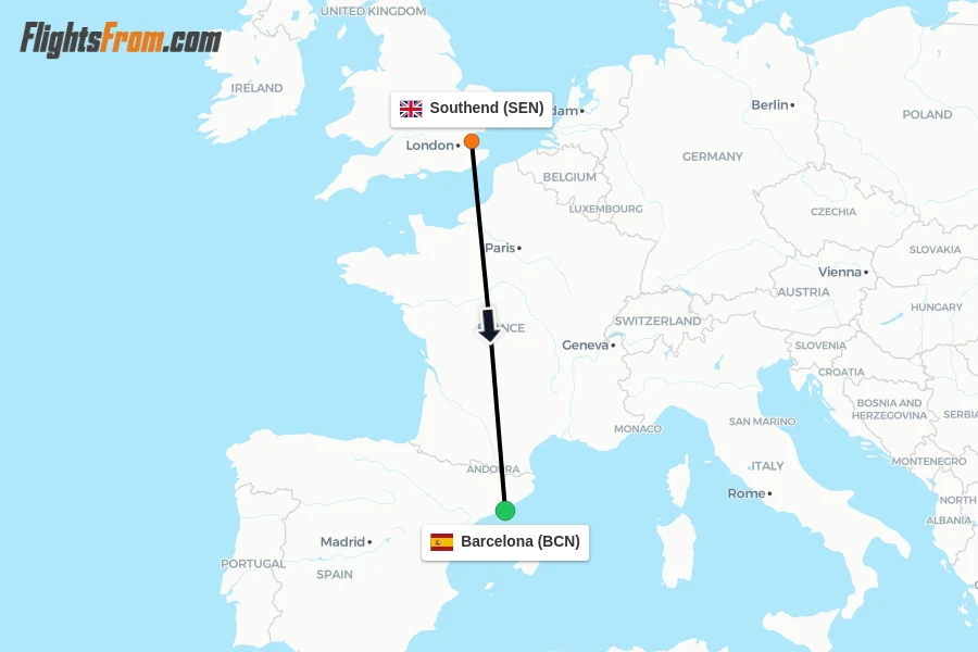 Flights from Southend to Barcelona route map