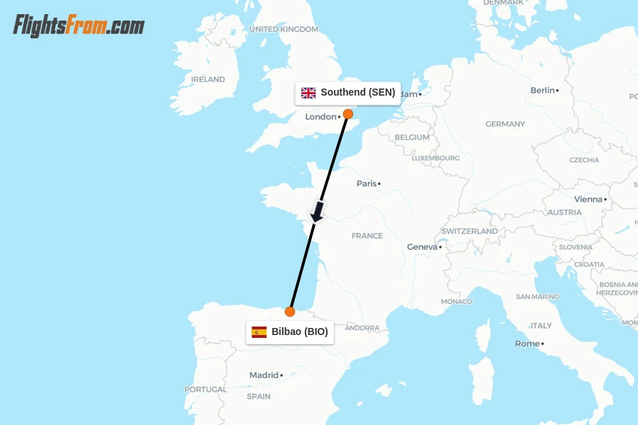Flights from Southend to Bilbao route map