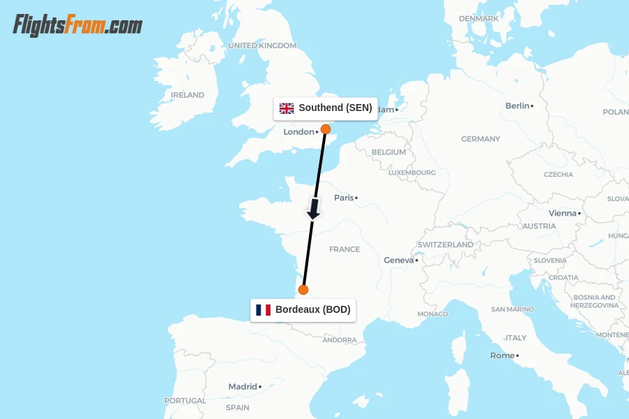 Flights from Southend to Bordeaux route map