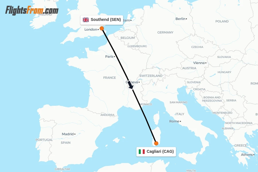 Flights from Southend to Cagliari route map