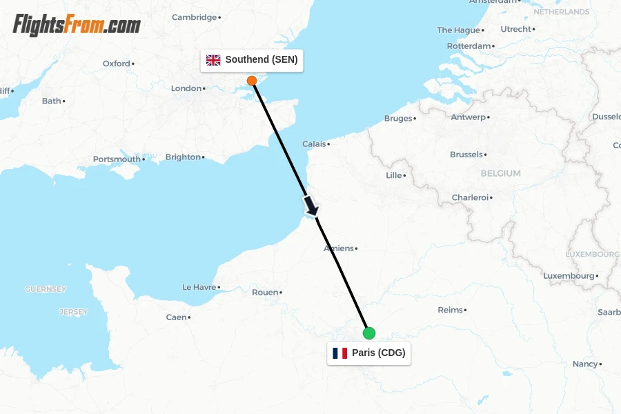 Flights from Southend to Paris route map