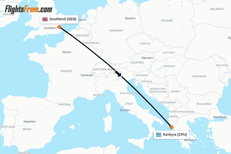 Flights from Southend to Kerkyra route map