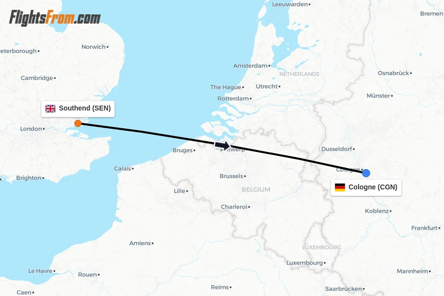 Flights from Southend to Cologne route map