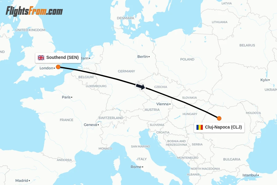 Flights from Southend to Cluj-Napoca route map
