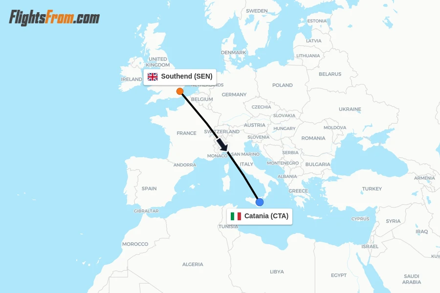 Flights from Southend to Catania route map