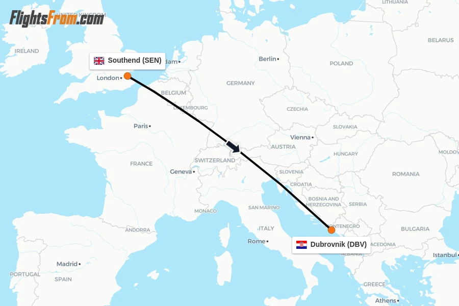 Flights from Southend to Dubrovnik route map