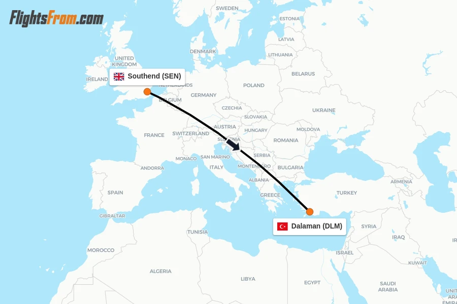 Flights from Southend to Dalaman route map