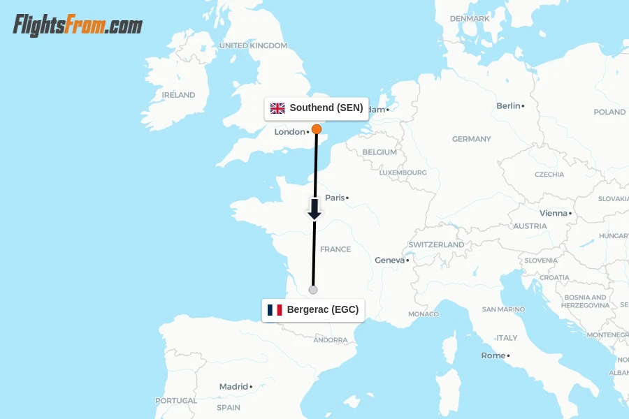 Flights from Southend to Bergerac route map