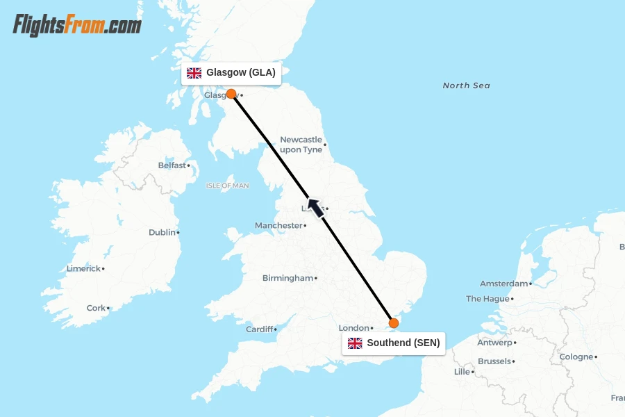 Flights from Southend to Glasgow route map