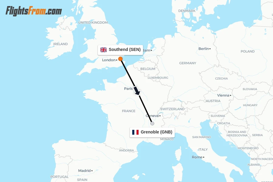 Flights from Southend to Grenoble route map