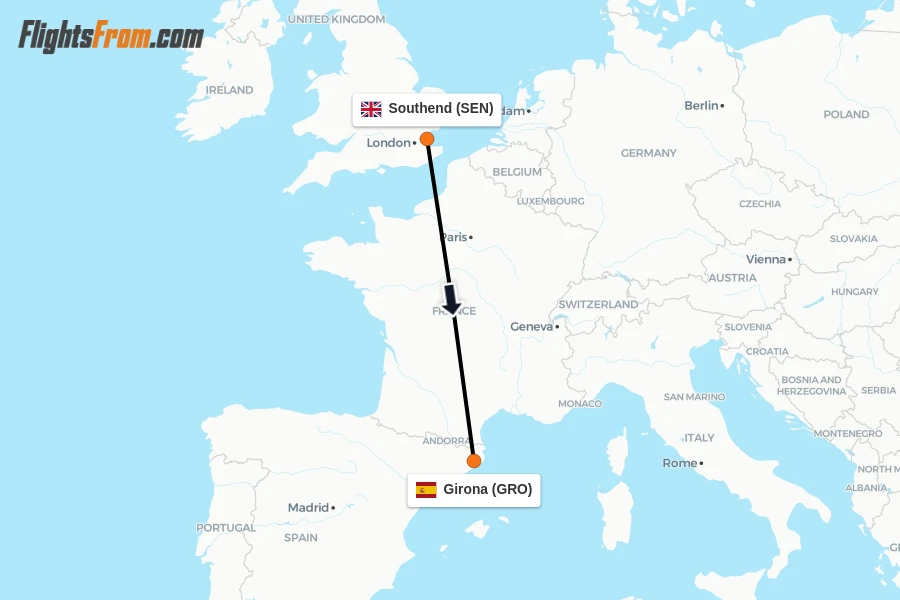 Flights from Southend to Girona route map