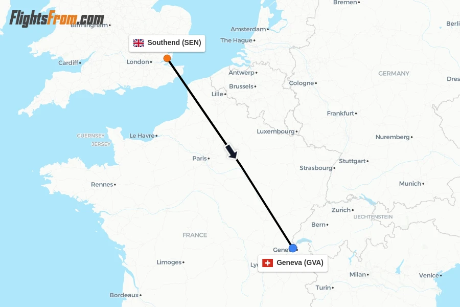Flights from Southend to Geneva route map