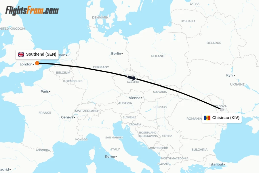 Flights from Southend to Chisinau route map