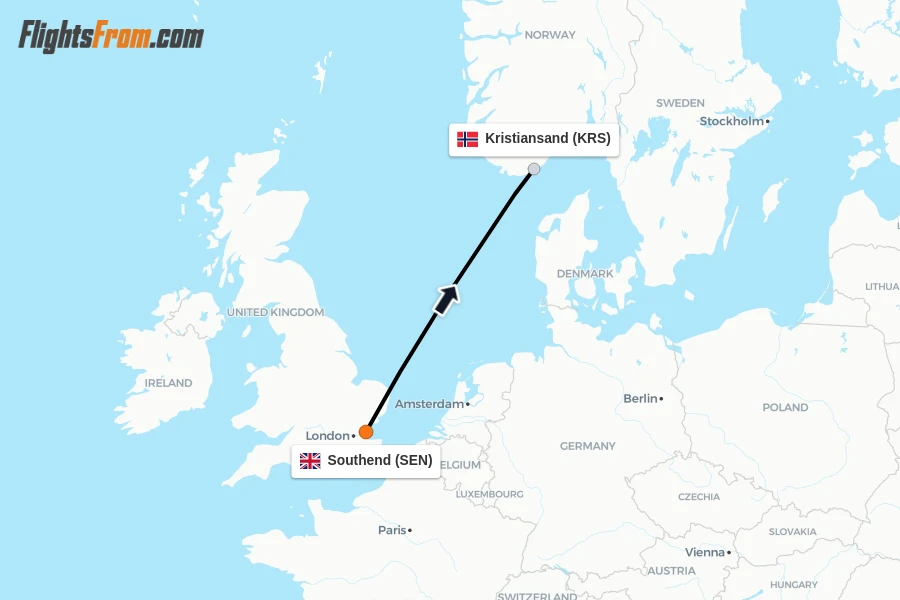 Flights from Southend to Kristiansand route map