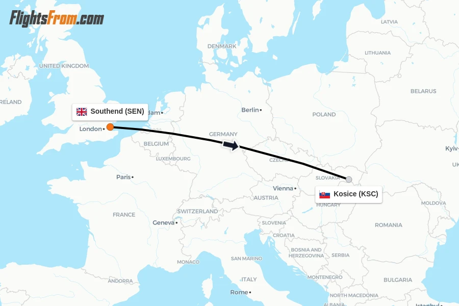 Flights from Southend to Kosice route map