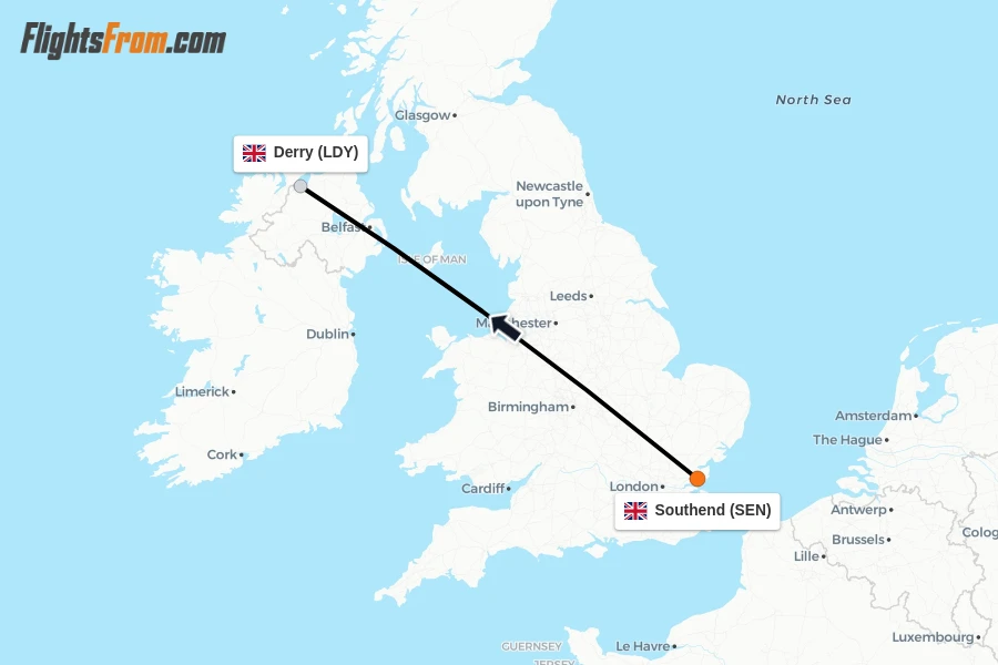 Flights from Southend to Derry route map