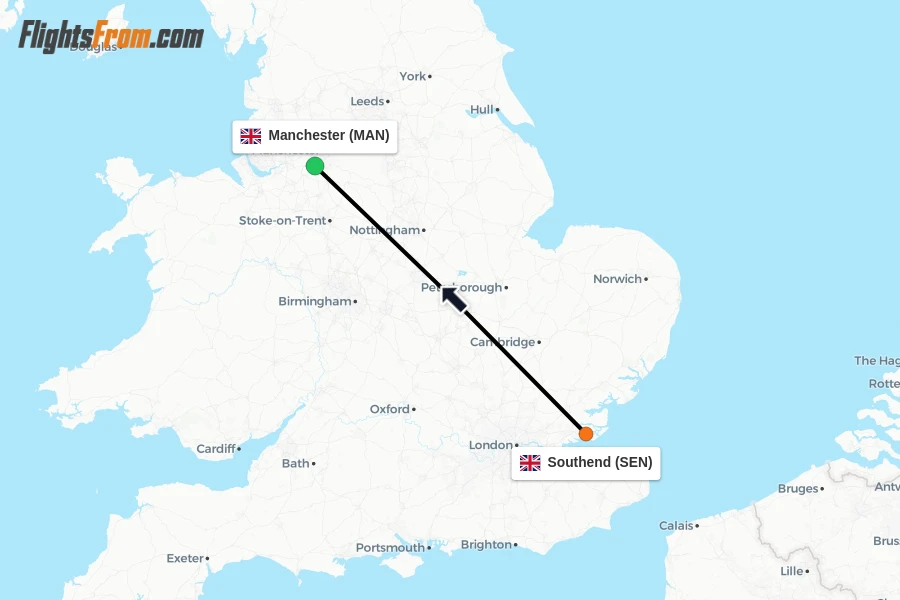 Flights from Southend to Manchester route map