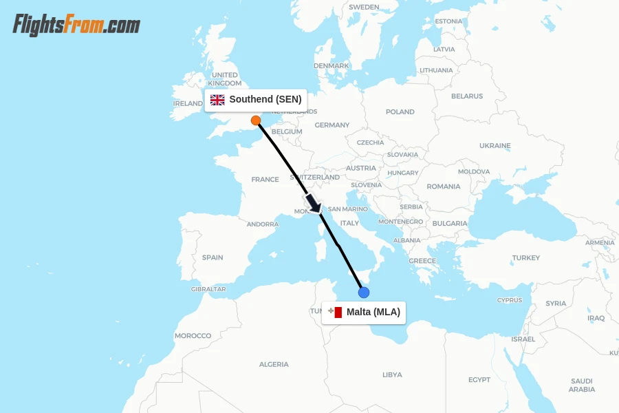Flights from Southend to Malta route map