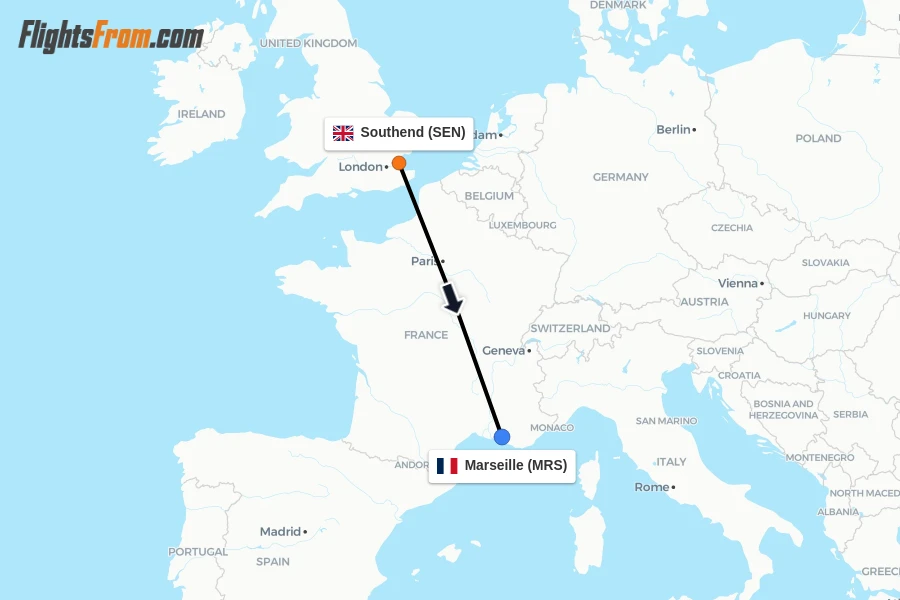 Flights from Southend to Marseille route map