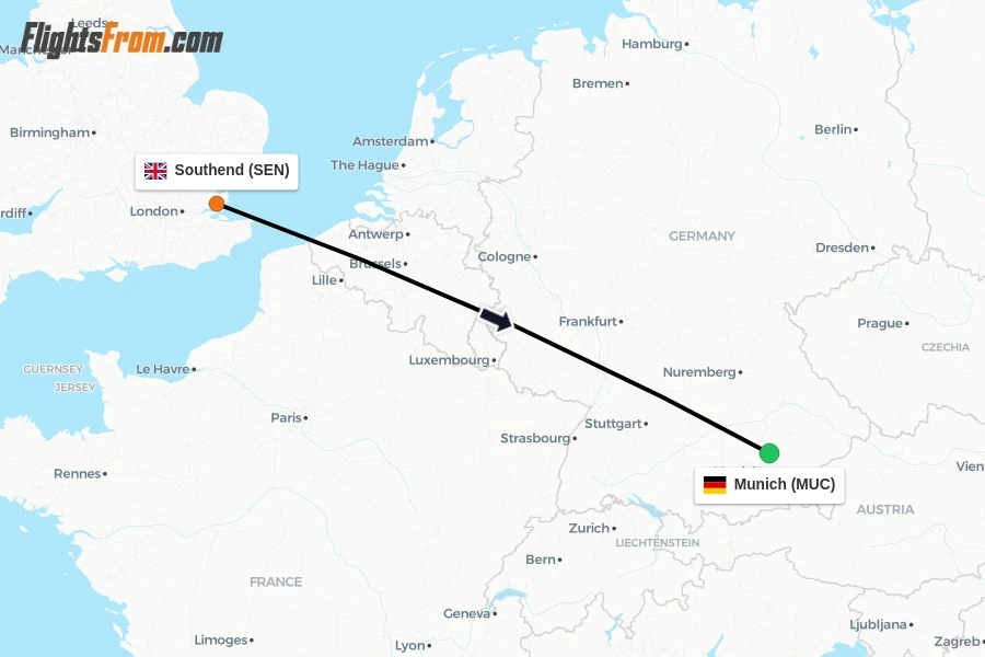Flights from Southend to Munich route map