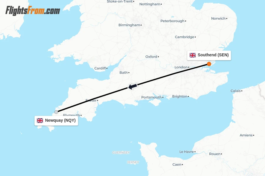 Flights from Southend to Newquay route map