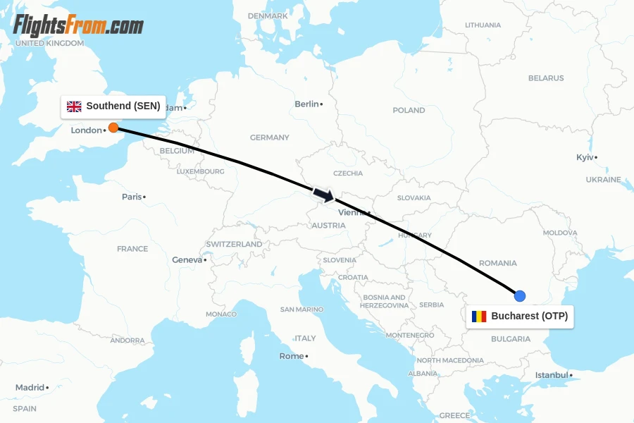 Flights from Southend to Bucharest route map