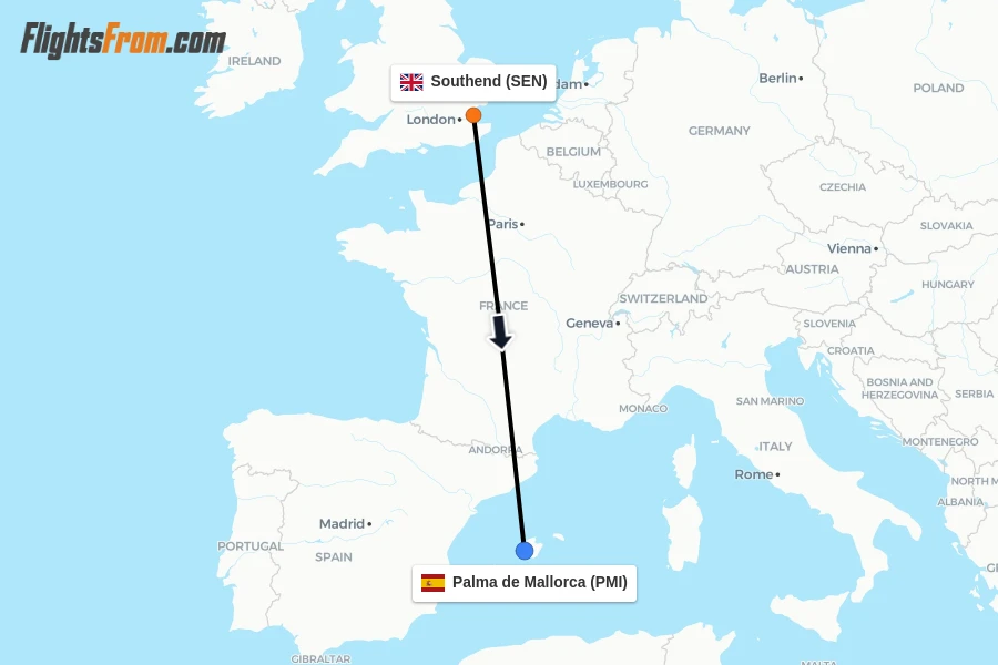 Flights from Southend to Palma de Mallorca route map