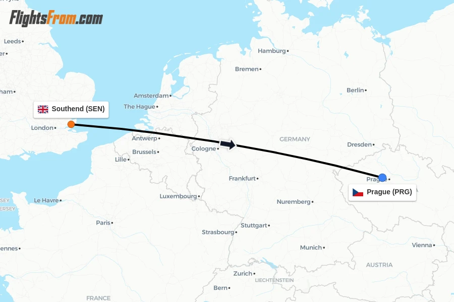 Flights from Southend to Prague route map