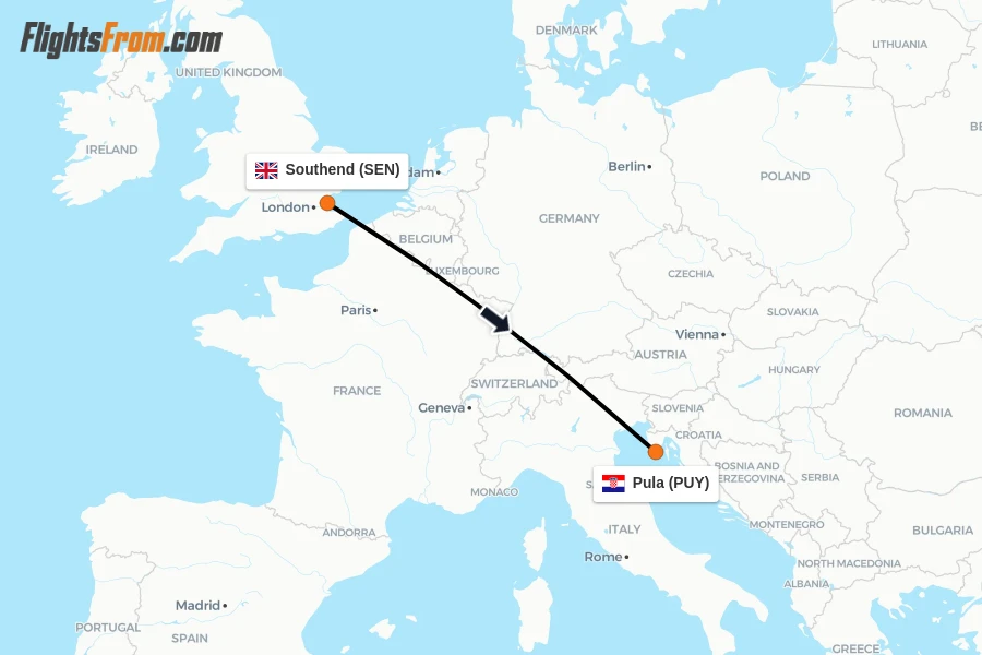 Flights from Southend to Pula route map