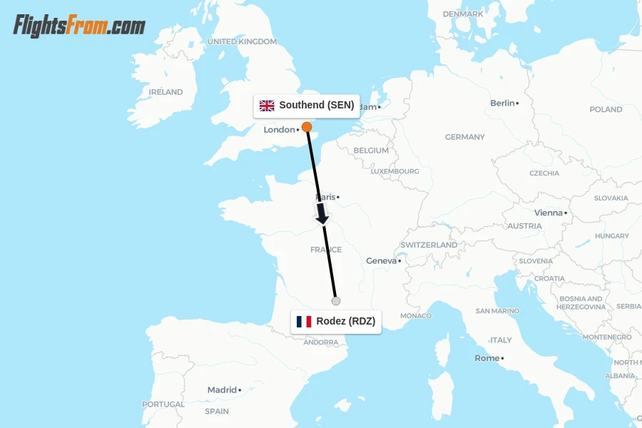Flights from Southend to Rodez route map