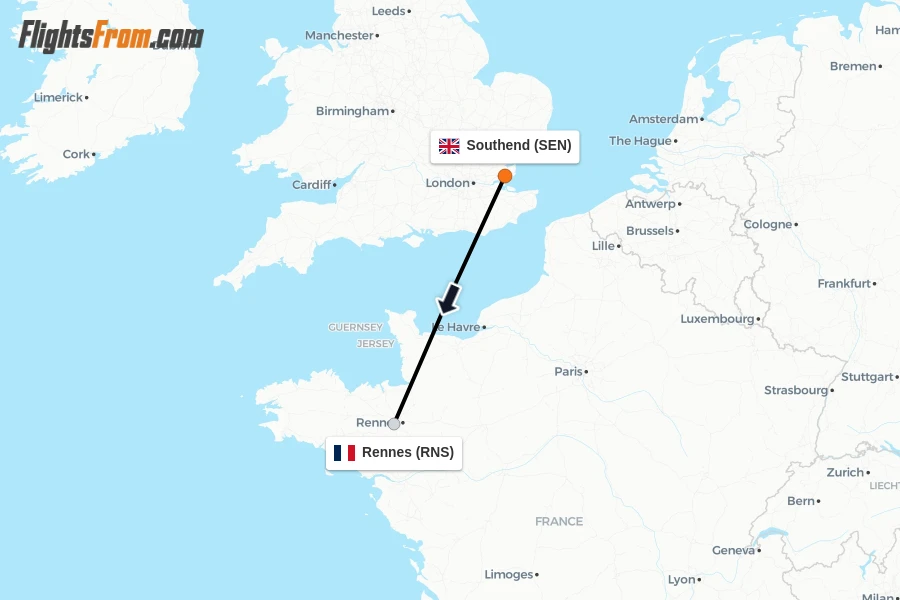Flights from Southend to Rennes route map