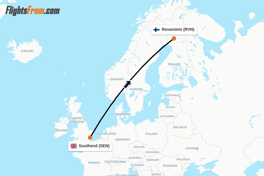 Flights from Southend to Rovaniemi route map