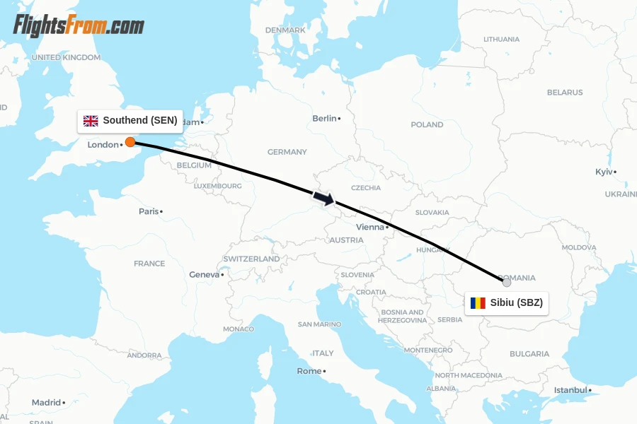Flights from Southend to Sibiu route map
