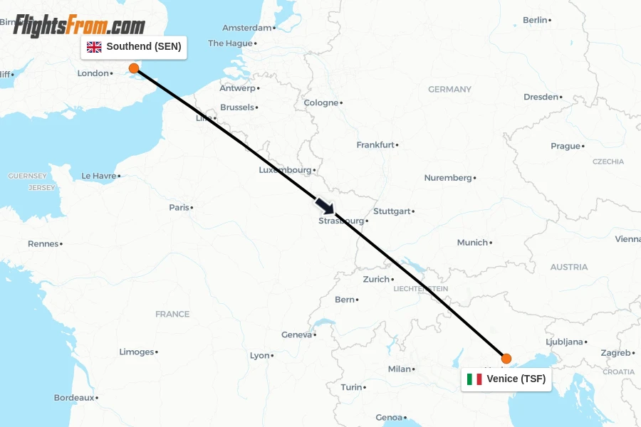 Flights from Southend to Venice route map