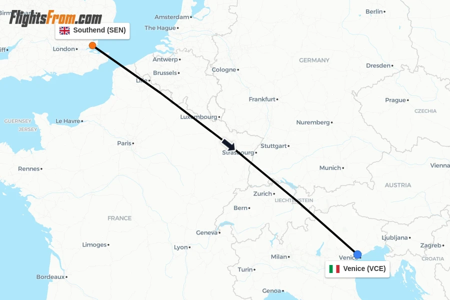 Flights from Southend to Venice route map