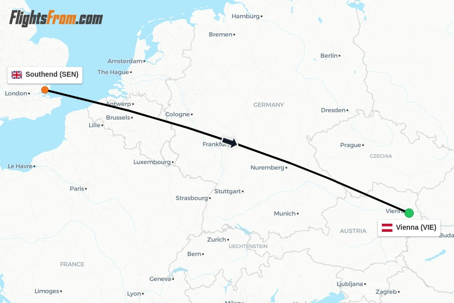 Flights from Southend to Vienna route map