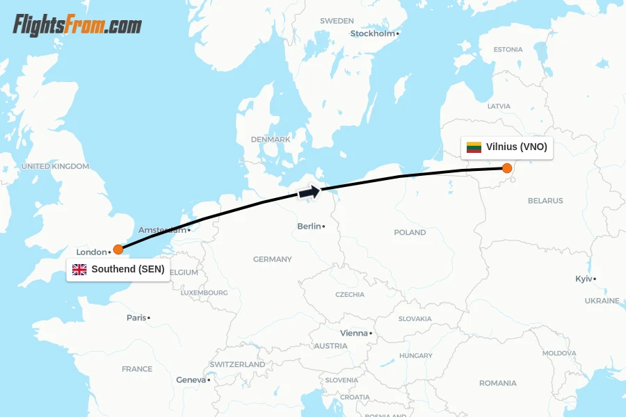 Flights from Southend to Vilnius route map