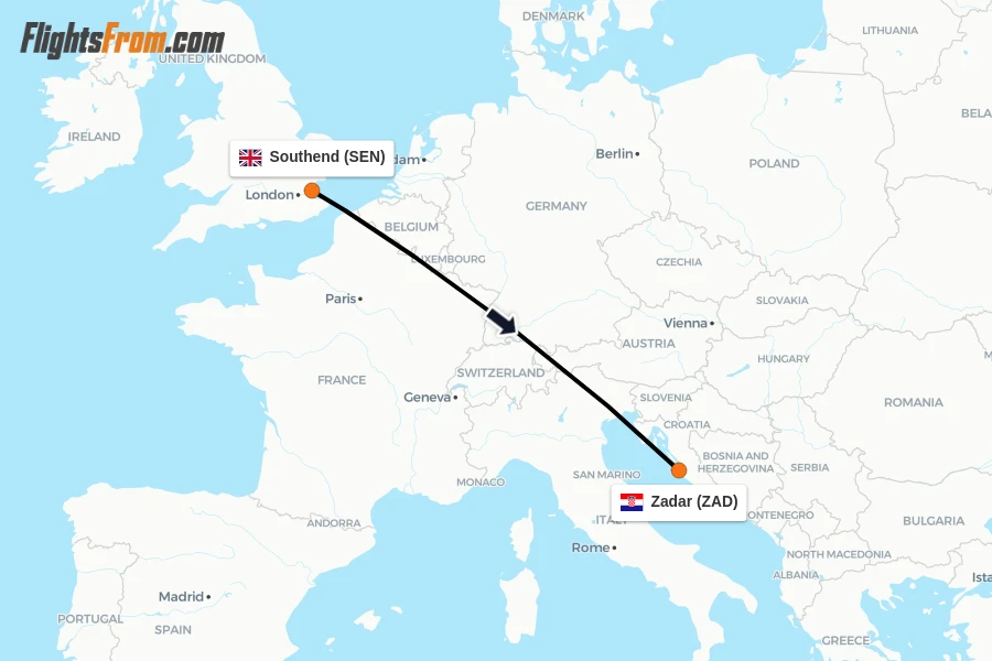 Flights from Southend to Zadar route map