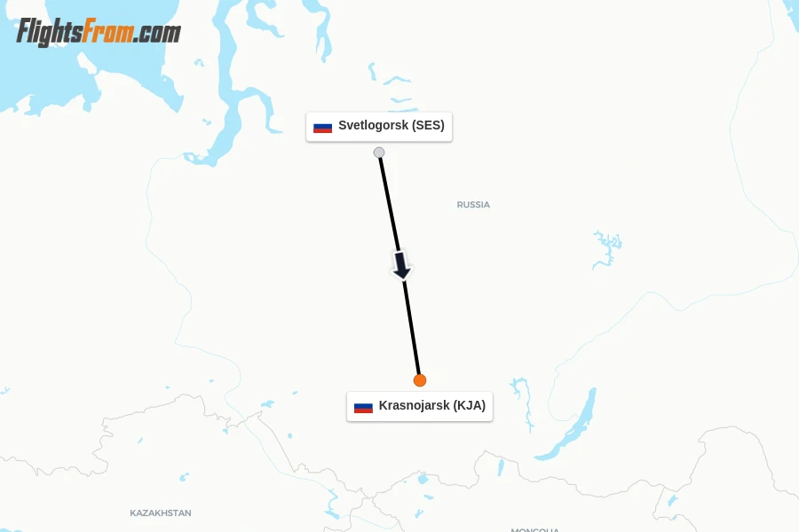 Flights from Svetlogorsk to Krasnojarsk route map