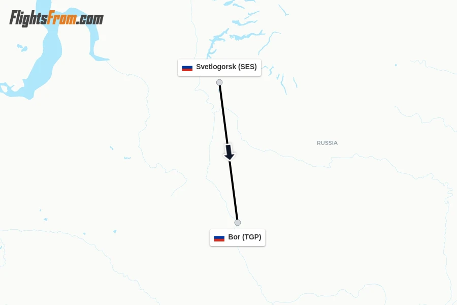 Flights from Svetlogorsk to Bor route map