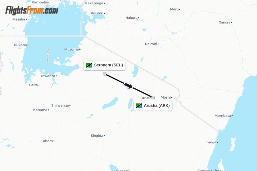 Flights from Seronera to Arusha route map