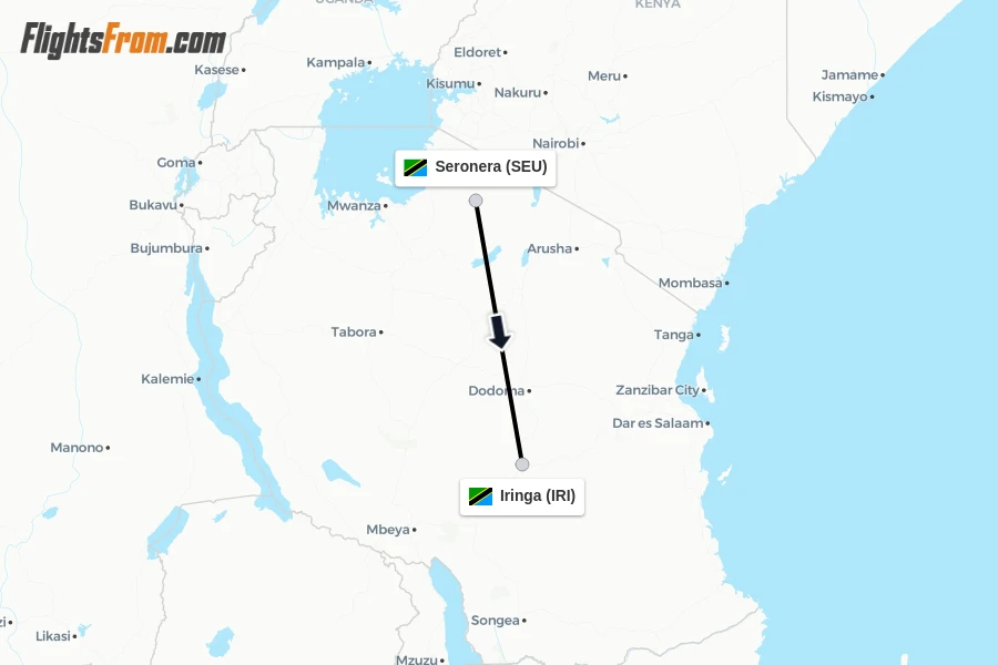 Flights from Seronera to Iringa route map