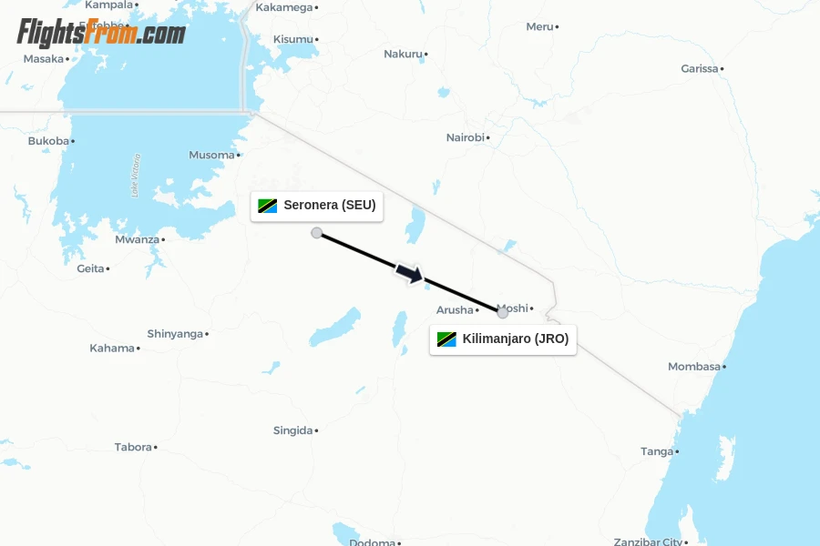 Flights from Seronera to Kilimanjaro route map