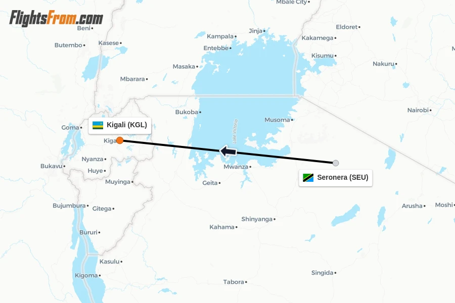 Flights from Seronera to Kigali route map