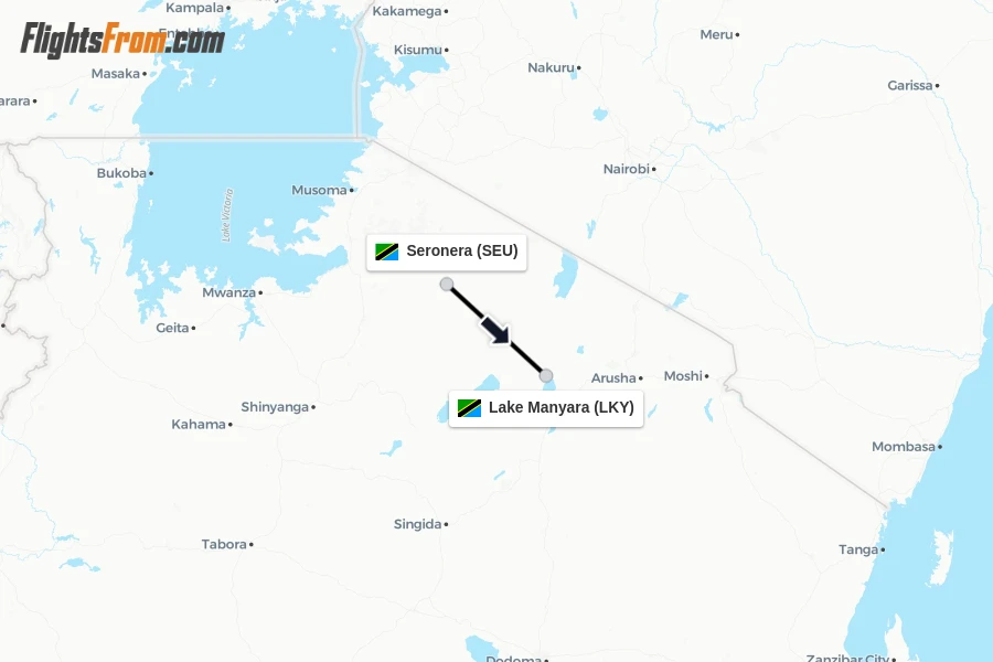 Flights from Seronera to Lake Manyara route map