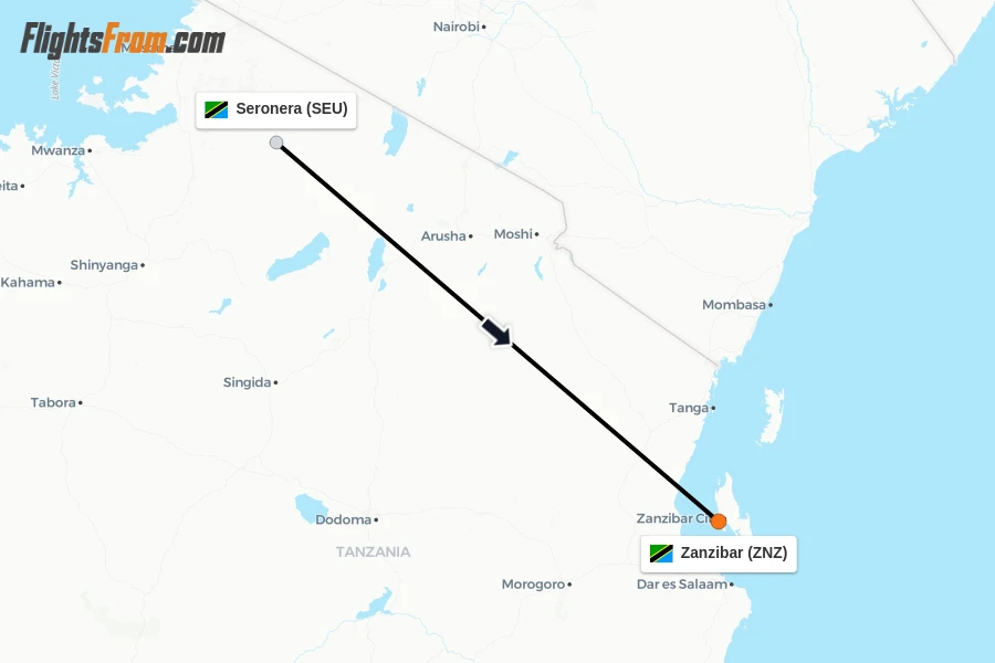 Flights from Seronera to Zanzibar route map