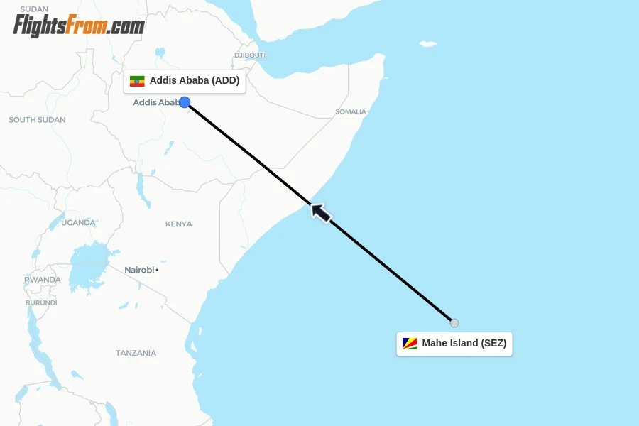 Flights from Mahe Island to Addis Ababa route map