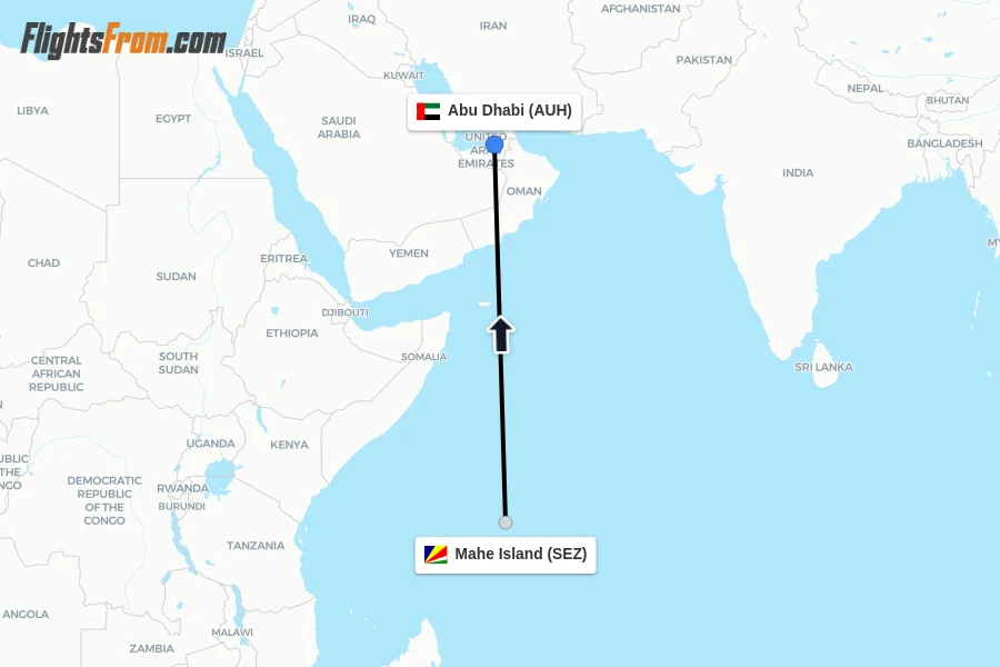 Flights from Mahe Island to Abu Dhabi route map