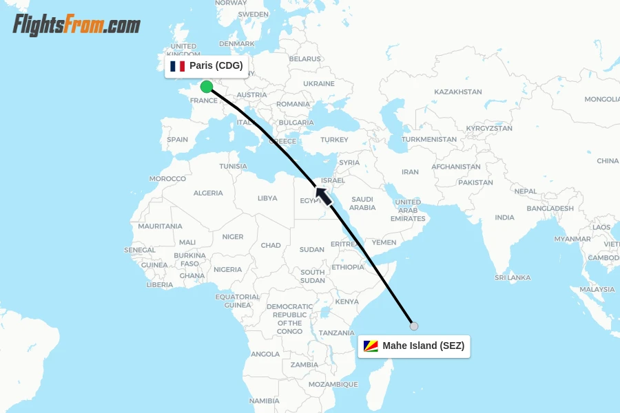 Flights from Mahe Island to Paris route map