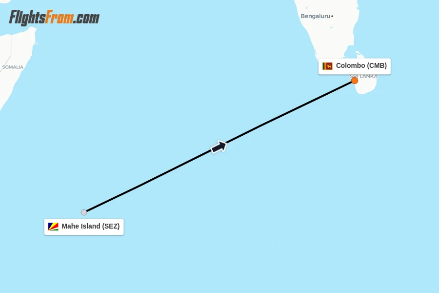 Flights from Mahe Island to Colombo route map